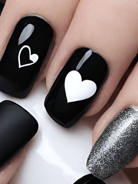 55+ Chic Black Valentine Nail Designs and Ideas Red Black Valentine Nails, Black Heart Nail Art, Black And White Valentines Nails, Black And Pink Valentine Nails, Black And White Valentine Nails, Valentine Nails Black, Black Nails With Hearts, Black Valentine’s Day Nails, Black Heart Nail Designs