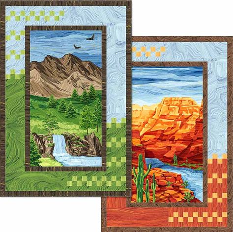 Canyon Sunrise/Mountain Sunset by Wanda Milankov with panels and co-ordinating fabrics from Northcott's Sandscapes collection Panel Quilts Ideas Layout, Panel Quilts Ideas, Quilts From Panels, Quilt Panel Ideas, Quilting With Panels, Quilts With Panels, Mountain Quilt, Wildlife Quilts, Panel Quilt Patterns