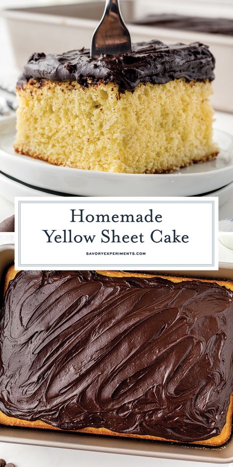 With simple pantry ingredients, you can make this classic Yellow Sheet Cake, perfect for any occasion! Great for birthdays, too! Yellow Sheet Cake Recipe, Sheet Pan Cake, Yellow Sheet Cake, Fabulous Desserts, Sheet Cake Recipe, Peach Dump Cake, Yellow Cake Recipe, Cotton Cake, Birthday Sheet Cakes