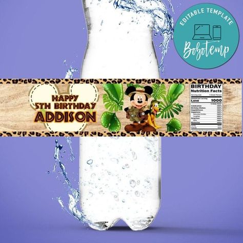 Mickey safari Mickey Mouse Safari Birthday, Mickey Mouse Water Bottle, Water Bottle Labels Template, Mickey Safari, Bottle Label Template, Bottle Wrappers, Invitation Text, Water Bottle Label, Theme Birthday Party