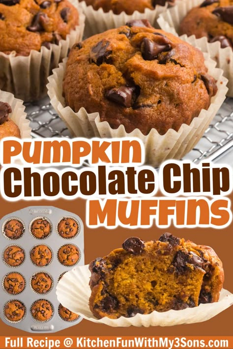 Made with pumpkin puree, pumpkin spice, and semi-sweet chocolate chips, these Pumpkin Chocolate Chip Muffins are the best of both worlds. Easy to make and ultra moist, they'll become your go-to fall muffin! Pumpkin Spice Chocolate Chip Muffins, Pumpkin And Chocolate Chip Muffins, Jumbo Pumpkin Chocolate Chip Muffins, Pumpkins Chocolate Chip Cookies, Easy Pumpkin Muffin Recipes, Pumpkin Pie Mix Muffins, Pumpkin Chocolate Chip Muffins Easy, Pumpkin Choc Chip Muffins, Pumpkin Muffins Chocolate Chip