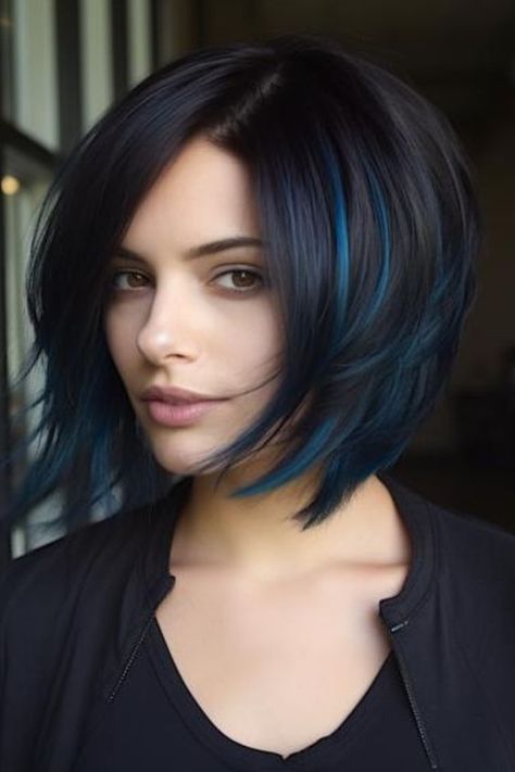 What Highlights Go With Black Hair, Hair Color For Short Black Hair, Dark Hair With A Pop Of Color, Gorgeous Hair Color Highlights, Black Hair With White Highlights Short, Blue Highlights Short Hair, Colored Highlights In Black Hair, Short Bob Hair Color Ideas, Black Hair With Colored Highlights