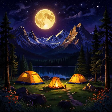 ✅ This image presents a breathtaking and serene night-time camping scene in a mountainous, forested wilderness. The focal point is a campsite with several illuminated tents set up in a grassy clearing, with a campfire burning brightly in the center. The night sky above is a stunning display, with a large, vibrant full moon casting a warm, golden glow over the entire landscape. Countless stars twinkle in the deep blue sky, adding to the sense of tranquility and wonder. Wispy clouds can be seen... Camping Display, Hiking Logo, Wispy Clouds, Camping Scene, Tent Set Up, Hd Wallpaper Iphone, Illustration Wall Art, Craft Stuff, Golden Glow