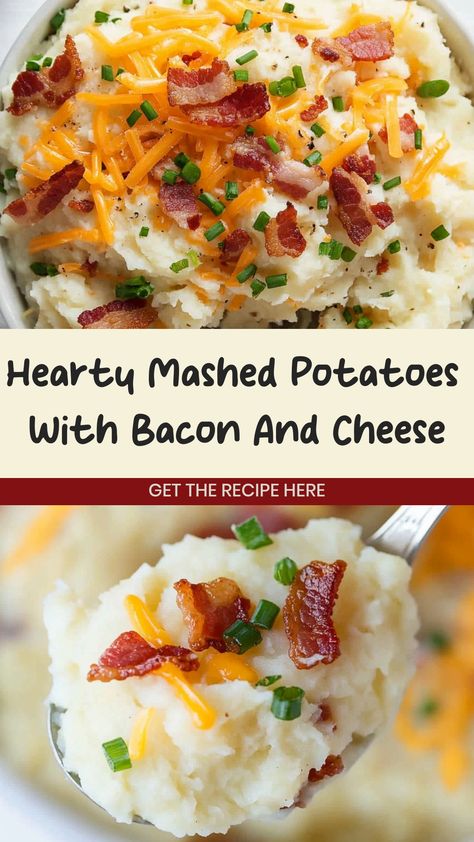 Indulge in the ultimate comfort food with our velvety mashed potatoes topped with crispy bacon and gooey melted cheese. This hearty dish is perfect for satisfying your cravings on a cozy night in or impressing guests at a special gathering. The rich flavors of the smoky bacon combined with the savory cheese take classic mashed potatoes to a whole new level of deliciousness. Treat yourself to this delectable side dish and enjoy every savory, creamy bite! Mashed Potatoes With Bacon And Cheese, Mash Potatoes With Bacon, Ultimate Mashed Potatoes Recipe, Mash Potato Recipes, Mashed Potatoes With Bacon, Mashed Potato Bake, Ultimate Mashed Potatoes, Bacon Mashed Potatoes, Potatoes With Bacon