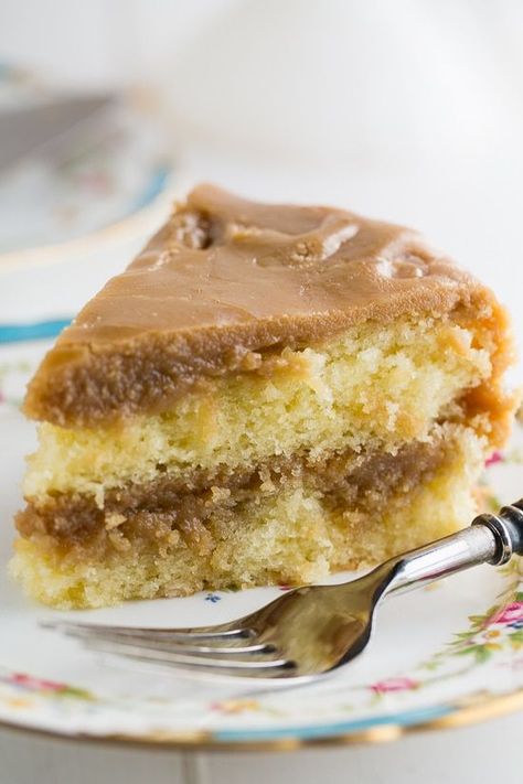 Southern Caramel Cake - moist vanilla cake slathered with lots of ultra-sweet caramel icing. Southern Caramel Cake, Caramel Cake Recipe, Moist Vanilla Cake, Caramel Icing, Caramel Cake, Decadent Cakes, A Piece Of Cake, Köstliche Desserts, Piece Of Cake