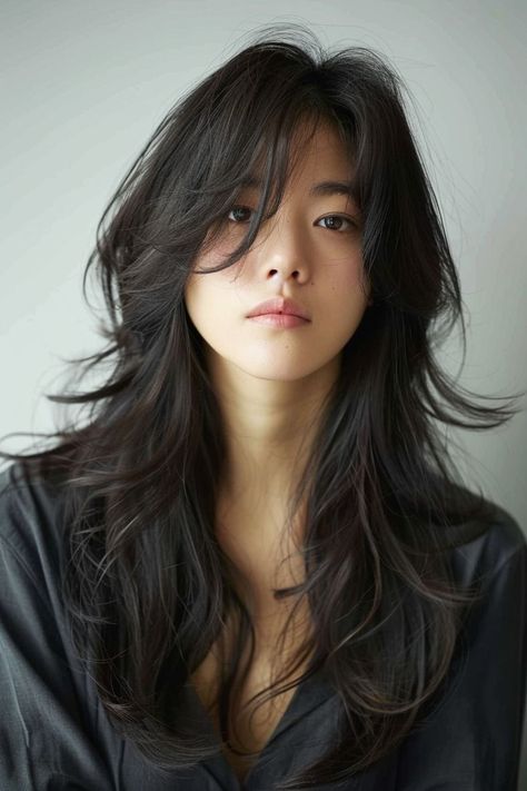 Korean Haircut Long Layered Hair With Curtain Bangs in 2024 Long hair with bangs Korean Bangs Aesthetic, Long Hair With Layers Korean, Layered Haircut With Bangs Medium, Face Framing Layered Haircut, Medium Hair Bangs Layers, Bangs With Layers Long Hair, Korean Haircut Long Layered Hair, Layer Hair Korean, Long Hair With Curtain Bangs And Layers