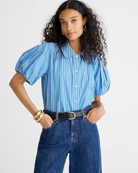 Women's New Arrivals | J.Crew Puff Sleeve Shirt, Voluminous Sleeves, Statement Sleeves, Puff Sleeve Top, Blue Stripes, Tank Shirt, Tank Top Shirt, Fashion News, Puff Sleeve