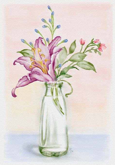 Watercolor Flowers In Vase, Flower Vase Drawing Watercolor Painting, Flower Vase Drawing, Vase Transparent, Watercolor Paintings Nature, Watercolor Art Landscape, Watercolor Birthday Cards, Watercolor Beginner, Watercolor Bouquet