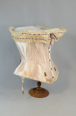 "Pink silk corset, 1890-1905, side view" by Irma G. Bowen Historic Clothing Collection Silk Corset, Purple Braids, University Of New Hampshire, Victorian Era Fashion, Museum Fashion, Steel Boned Corsets, Historic Clothing, Boned Corsets, Purple Ribbon