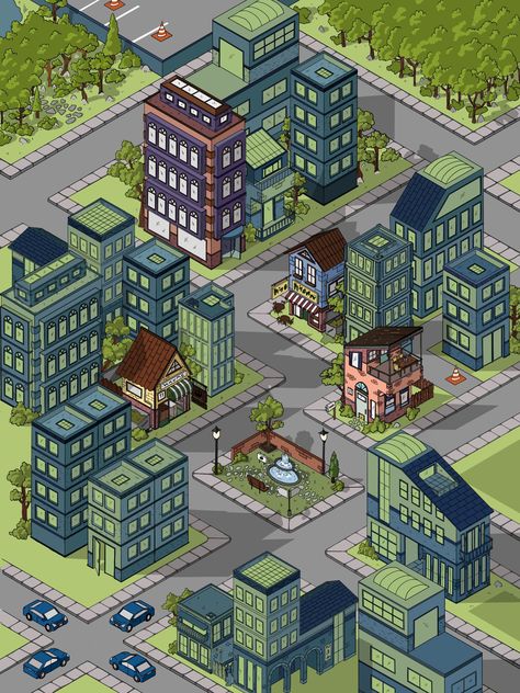 Isometric City Map by Deniz Aygün Isometric Art Illustration City, City Top View Illustration, Isometric City Map, Isometric Illustration City, Isometric Game Map, Isometric Map Illustration, Creepy Locations, Isometric Landscape, 2d Isometric