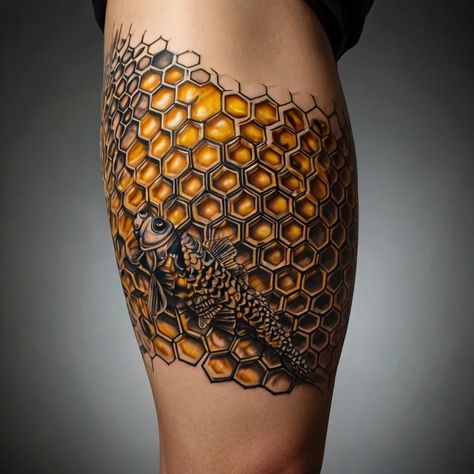 Explore our Honeycomb Tattoos Collection—celebrating balance, structure, and the beauty of nature. These designs symbolize hard work, harmony, and community, making them perfect for those drawn to both order and creativity. Whether minimalist or detailed, honeycomb tattoos offer a unique way to express personal growth and connection. Find inspiration for your next tattoo in this collection filled with geometric charm and natural elegance. Geometric Honeycomb Tattoo Design, Geometric Honeycomb Tattoo, Honeycomb Tattoos, Honeycomb Tattoo, Tattoos Meaning, Illusions Art, Honeycomb Pattern, Next Tattoo, Hard Work