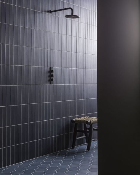 Japanese Tiles Bathroom, Black Tile Bathroom Floor, Black Shower Fixtures, Vertical Tile, Dark Blue Tile, Porcelain Hexagon Tile, Black Tile Bathrooms, Japanese Tile, Tiled Bathroom