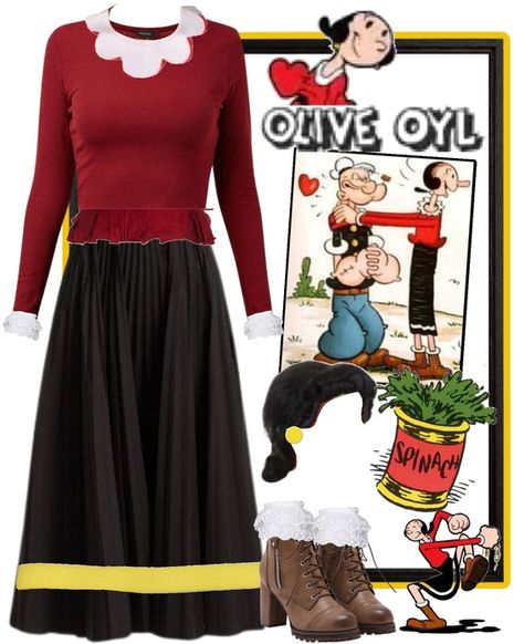 Halloween Costumes: Olive Oyl Outfit | ShopLook Combat Boot Heels, Red Ruffle Top, Angel Halloween Costumes, Popeye And Olive, Fairy Halloween Costumes, Brown Combat Boots, Princess Halloween Costume, Olive Oyl, Trio Halloween Costumes