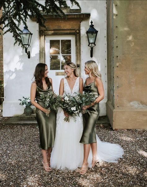 if for some reason my familt actually manage to convince me to get married in summer lmao Braidsmaids Dresses Short, Bride And 2 Bridesmaids, Wedding With Two Bridesmaids, Olive Dress Bridesmaid, Bride With 2 Bridesmaids, Green Olive Bridesmaid Dresses, Olive Bridesmaids Dresses, Bridesmaid Dresses Green Olive, Bridesmaid Dress Olive Green