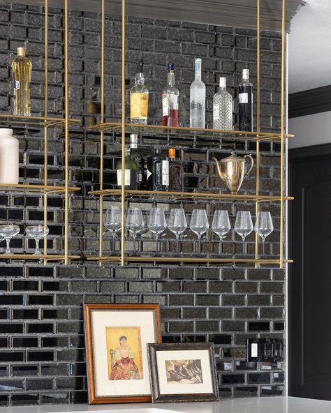 Iron Abode® | Add glass shelves over a statement backsplash for an instantly elevated look 🙌 We love this open shelving moment by… | Instagram Iron Abode, Statement Backsplash, Glass Bar Shelves, Glass Shelving Unit, Brass Shelving, Statement Tiles, Shelf Units, Glass Shelving, Wood Shelving Units