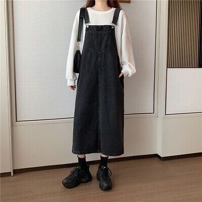 Shirt On Top Of Dress Outfits, Dungarees Outfit Dresses, Korean Style Outfits Women, Oversized Overalls Outfit, Oversize Dress Outfit, Skirt Overalls Outfit, Cafe Clothes, Oversized Style Women, Japan Style Outfits