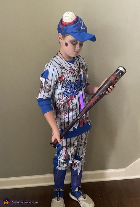 Kids Zombie Costume Boys Diy, Zombie Baseball Player Makeup, Zombie Baseball Player, Zombie Baseball Player Costume, Kids Boys Halloween Costumes, Baseball Zombie Costume Ideas, Halloween Ideas Boys, Kids Costume Ideas Boys, Boy Halloween Costumes Diy