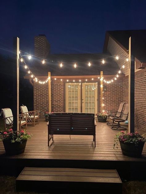 Porch String Lights, Patio Lighting Diy, Backyard String Lights, Blue Deck, Summer Deck, Diy String Lights, Patio String Lights, Backyard Lighting, Deck Decorating Ideas