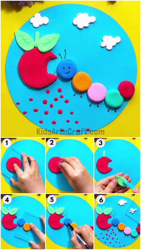 How To Make Caterpillar Eating Apple Using Clay Paper Clay Projects Crafts, Simple Clay Art For Kids, Clay Activities For Kids, Clay Caterpillar, Clay Activity, Clay Art For Kids, Clay Projects For Kids, Snowflake Wall, Craft From Waste Material