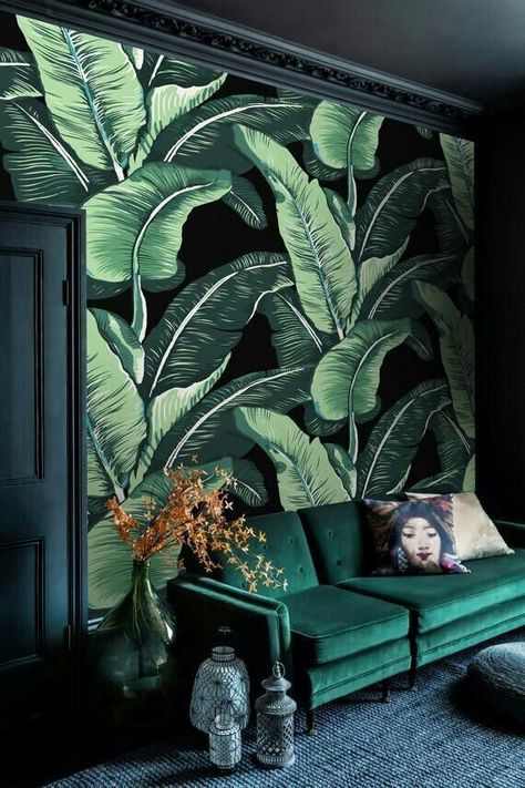 Tropical Velvet, Leaf Wall Mural, Green Leaf Wall, Deco Jungle, Green Couch, Tropical Home Decor, Tropical Home, Leaf Wall, Tropical Houses