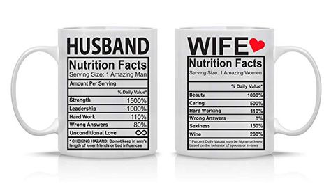 Husband and Wife Nutrition Facts - 11oz White Ceramic Coffee Mug Couples Sets - Funny His and Her Gifts -Husband and Wife Anniversary Presents - Wedding Gift - By CBT Mugs Funny Husband, Husband And Wife, Ceramic Coffee Mug, Nutrition Facts, Coffee Mug, Nutrition, Mug, Coffee, Funny