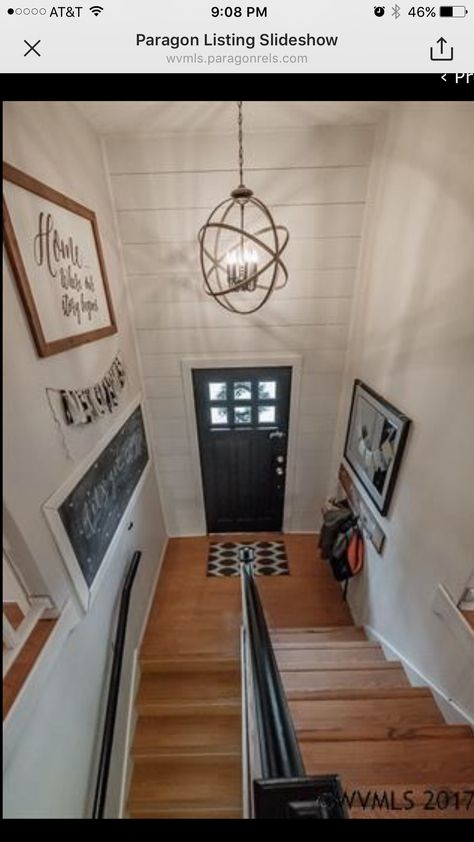 Split Level Foyer, Shiplap Foyer, Split Foyer Entry, Entry Way Lighting Fixtures, Split Foyer Remodel, Split Entry Remodel, Raised Ranch Remodel, Split Level Entryway, Entryway Decorating