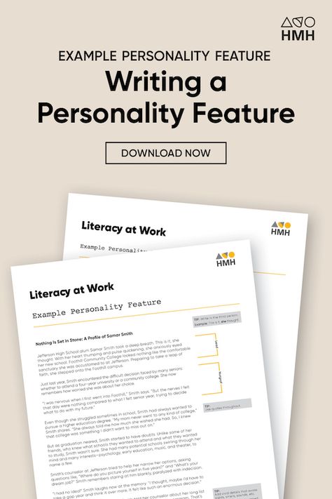 This sample personality feature can be a helpful model as students work on their own features.  #HMHCo #TheLearningCompany #FreeStudentResource #StudentActivity #ActivityResource #TeacherGuide #PersonalityFeature #EstherWojcicki #Journalism #LiteracyAtWork College Looks, Student Resources, Teacher Guides, Leap Of Faith, Community College, Student Activities, Student Work, Literacy, Interview