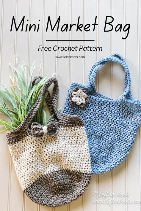 This fast and easy small crochet market bag is a perfect size for a reusable shopping bag and can be made with just one skein of yarn.  You can add embellishments to it or even make it using scrap yarn.  Keep reading for the free beginners crochet pattern. Crochet Small Bags Free Pattern, Easy 1 Skein Crochet Projects, Crochet One Skein Projects Free, 1 Skein Crochet Projects Free Pattern, Crochet Ideas One Skein, Small Crochet Bag Free Pattern, Free One Skein Crochet Patterns, Crochet 1 Skein Projects, One Skein Crochet Patterns Free