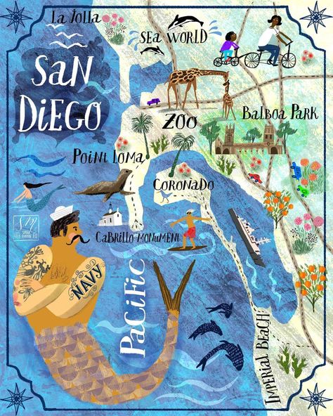 Sofia Moore on Instagram: “My (not very precise) map of San Diego showing most things I’ve enjoyed about that place, but the list goes on forever! #mapillustration…” Coral Reef Project, San Diego Map, Zoo Map, Disney Trip Surprise, Travel Doodles, Sea Map, Writers House, San Diego Art, Balboa Park San Diego