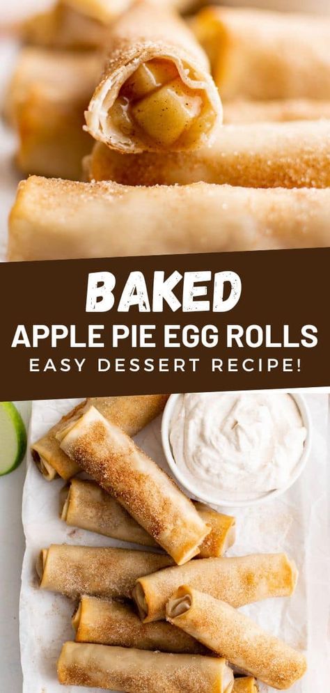 Baked Apple Pie Egg Rolls are a tasty alternative to fried egg rolls and create a tasty treat to enjoy all year long! Made with apple pie filling, fresh egg rolls and cinnamon sugar topping. Egg Roll Wrapper Pies, Baked Apple Pie Roll Ups, Apple Pie Egg Rolls Recipe Baked, Baked Apple Pie Rice Paper Rolls, Egg Roll Apple Pie Air Fryer, Air Fryer Apple Pie Egg Rolls, Egg Roll Apple Pie, Apple Pie Rolls Recipe, Apple Turnover Filling Recipes