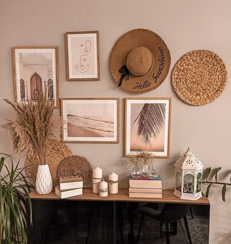 Gallery Wall With Hats, Bohemian Photo Wall, Boho Hats On Wall, Boho Hat Wall, Hat Gallery Wall, Vintage Entryway Table, Bnb Decor, Guest Bedroom Home Office, Wall Hats