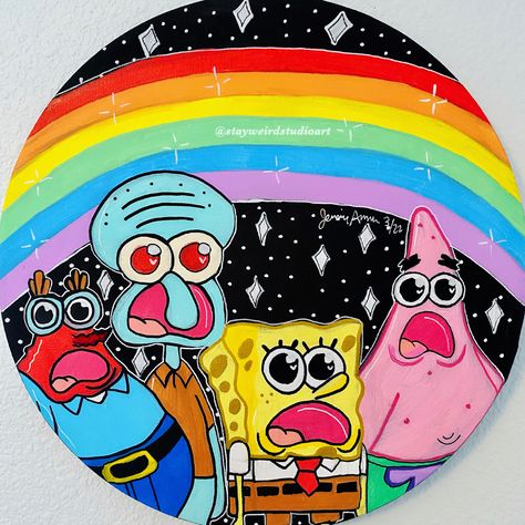 Trippy Wall Paintings, Trippy Spongebob, Alien Painting, Trippy Wall Art, Spongebob Painting, Trippy Wall, Trippy Drawings, Circle Canvas, Trippy Designs