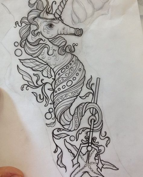 Seahorse tattoo very cute, would look nice coloured. Butterfly Sleeve Tattoo, Ocean Sleeve Tattoos, Seahorse Tattoo, Kunst Tattoos, Unicorn Tattoos, Theme Tattoo, Mermaid Tattoo, Mermaid Tattoos, Best Sleeve Tattoos