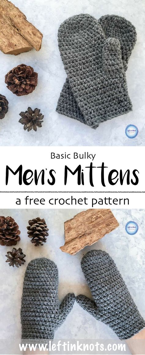 This fast and free crochet mitten pattern is perfect for any men in your life!  This beginner-friendly pattern works up quickly using a bulky acrylic yarn, and it is also easily adjustable in size.  The Basic Bulky Men's Mittens pattern is the new free crochet pattern on my blog and a great last minute stocking stuffer! #crochet #freecrochetpattern #crochetmittens Mitten Pattern, Crochet Mittens Free Pattern, Crochet Mittens Pattern, Knitted Mittens, Crocheting Ideas, Modern Crochet Patterns, Confection Au Crochet, Crochet Mittens, Crochet Simple