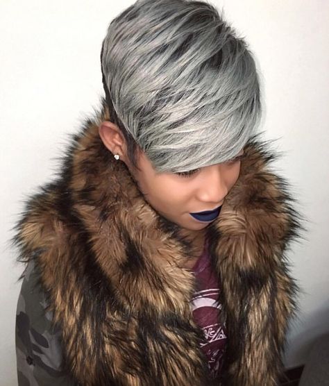 Fierce gray pixie via @hairbylatise - Black Hair Information Ebony Hairstyles, Silver Hairstyles, Gray Pixie, Gray Hairstyles, Gorgeous Gray Hair, Haircuts For Women Over 50, Cut Life, Beautiful Gray Hair, Short Sassy Hair