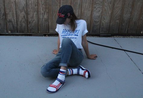 Gap jeans, American Apparel socks, Teva sandals, vintage tee, Red Sox hat. Socks and sandals casual sporty outfit Teva Sandals With Socks Outfit, Teva Socks Outfit, Socks And Tevas Outfit, Socks And Tevas, Teva Sandals Outfit Casual, Teva Sandals With Socks, Socks And Sandals Outfit, Tevas Outfit, Camping Ootd