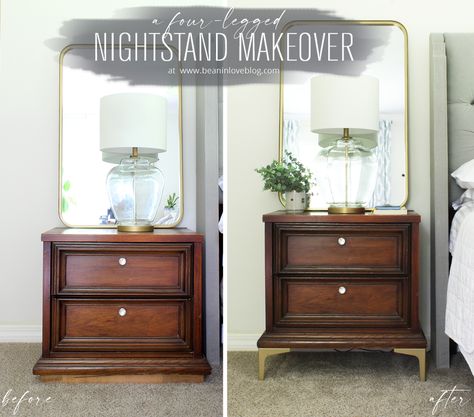 Modernize a nightstand by adding legs! How To Add Legs To A Night Stand, Legs For Nightstand, Nightstands Makeover, Add Legs To Nightstand, Adding Legs To Nightstand, Dark Headboard, Night Stand Makeover, Painted Bedside Tables, Brown Furniture Bedroom