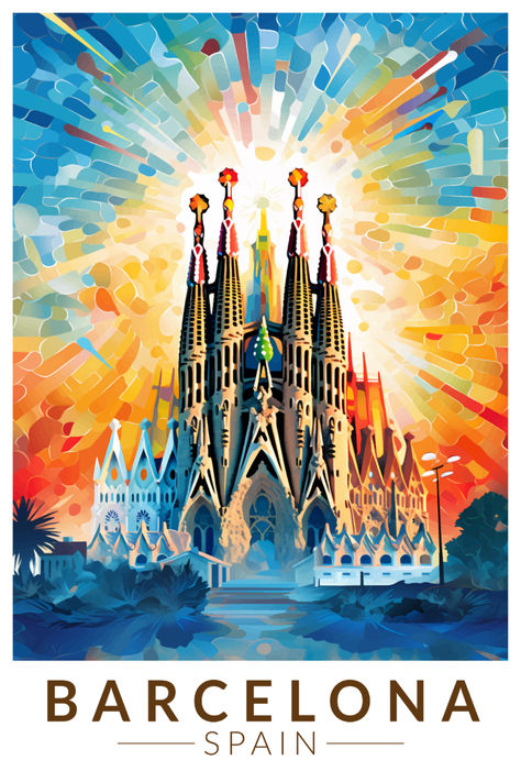 Retro style artistic poster of Barcelona's La Sagrada Familia, featuring vintage colors and design elements that capture the city's architectural beauty. Barcelona Cartoon, Travel Signs, Gaudi Art, Barcelona Poster, Project Illustration, Spain Poster, Barcelona Aesthetic, Barcelona Spain Travel, Spanish Posters