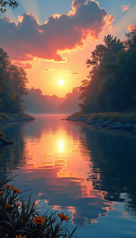 Sunset Lake Photoshoot, Sunset Lake Pictures, Lake At Sunset, Sunrise Lake Aesthetic, Sunrise River, Lake Photoshoot, Sunrise Over Lake, Lake Sunset, Art Classes