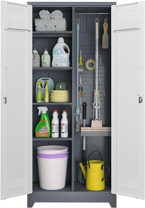 Amazon.com: IRONFFICE Broom Storage Cabinet,Metal Cleaning Closet Cabinet,Cleaning Tool Storage Cabinet,Cabinet for Cleaning Supplies with Hanging Rod & S-Hooks,Broom Closet Cabinet for Office,Garage : Home & Kitchen Pull Out Broom Cabinet, Broom Storage Cabinet, Broom Closet Cabinet, Broom Closet Organization, Tool Closet, Broom Closet Organizer, Cleaning Tools Storage, Cabinet For Office, Closet Storage Cabinets