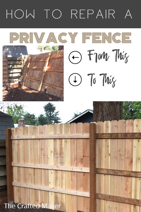 How to Repair a Privacy Fence - The Crafted Maker Fence Repair, Privacy Fences, Diy Workshop, Privacy Fence, Wood Fence, Backyard Ideas, Wooden Diy, Wooden Doors, Front Porch