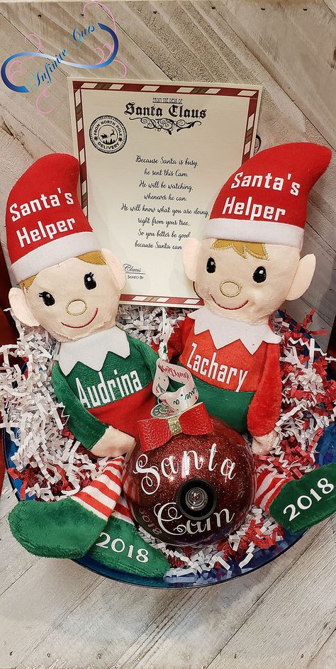 Dollar Tree Elves, Welcome Gift Basket, Santa Cam Ornament, Elf Cam, Personalized Elf, Santa Cam, Santa Sacks, Ornaments Homemade, Christmas Elves