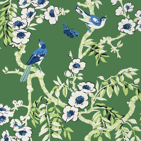 YUKIO, Green, T20841, Collection Eden from Thibaut Construction Wallpaper, Thibaut Fabric, Thibaut Wallpaper, Bird Pillow, View Wallpaper, Green Collection, Wallpaper Calculator, Lush Garden, Cherry Tree