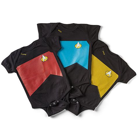 Get your child into Star Trek as early as possible with these Star Trek TNG Uniform Onesies. You can choose red for Command, blue for Sciences, or gold for Operations. These uniforms feature a 3-snap closure for when your number one Star Trek Baby, Nerd Baby, Nerdy Baby, Star Trek Tng, Geek Baby, Funny Nerd, Think Geek, Silhouette Ideas, Baby Center