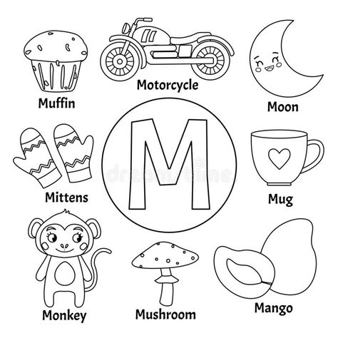 Vector cute kids alphabet. Vector cute kids animal alphabet. Letter M. Set of cute cartoon illustrations. Coloring page royalty free illustration Letter M Activities, Animal Alphabet Letters, Alphabet Crafts Preschool, Monster Truck Coloring Pages, Vector Alphabet, Mushroom Stock, Kids Alphabet, Page Illustration, Animal Worksheets