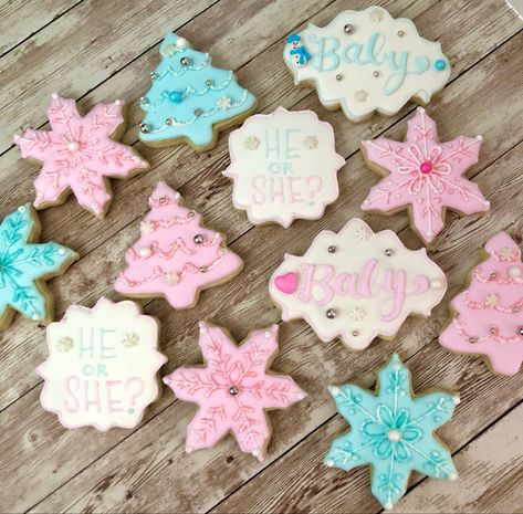 Gender Reveal Party Winter Theme, Snowflake Gender Reveal Cookies, January Gender Reveal Party, Gender Reveal Ideas For Party Winter Theme, Snowflake Themed Gender Reveal, Gender Reveal Snowflake Theme, Gender Reveal Cookies Christmas, Winter Gender Reveal Cookies, Unique Gender Reveal Themes Winter