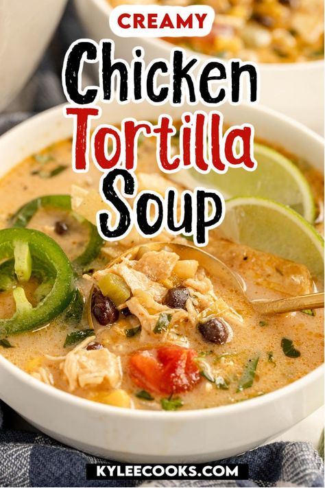 Creamy Chicken Tortilla Soup is hearty and warming with just the right amount of spice, blended with cheese, topped off with jalapenos, cilantro, and crispy tortilla strips. Creamy Chicken Tortilla Soup, Chicken Tortilla Soup Easy, Recipes With Flour Tortillas, Tortilla Strips, Chicken Tortillas Soups Recipe, Frugal Recipes, Creamy Chicken Soup, Tortilla Soup Recipe, Easy Soup