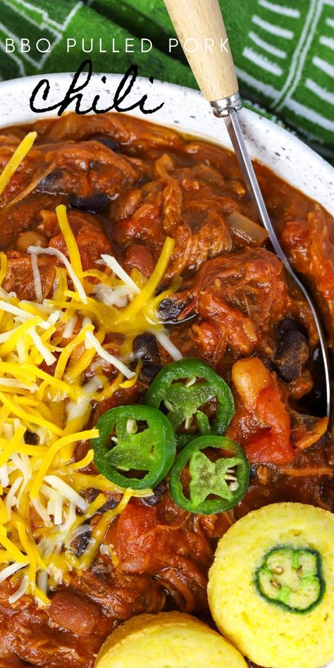 #ad BBQ Pulled Pork Chili, #CurlysGameDay, game day comfort food, game day menu, football recipes, chili with pork, chili recipe, #chili . pinterest.com/curlysbbq/, @walmart , Pulled Pork With Bbq Sauce, Chili With Pork, Pulled Pork Chili Recipe, Pork Chili Recipe, Bbq Chili, Pulled Pork Chili, Football Recipes, Simple Spinach Salad, Recipes Chili