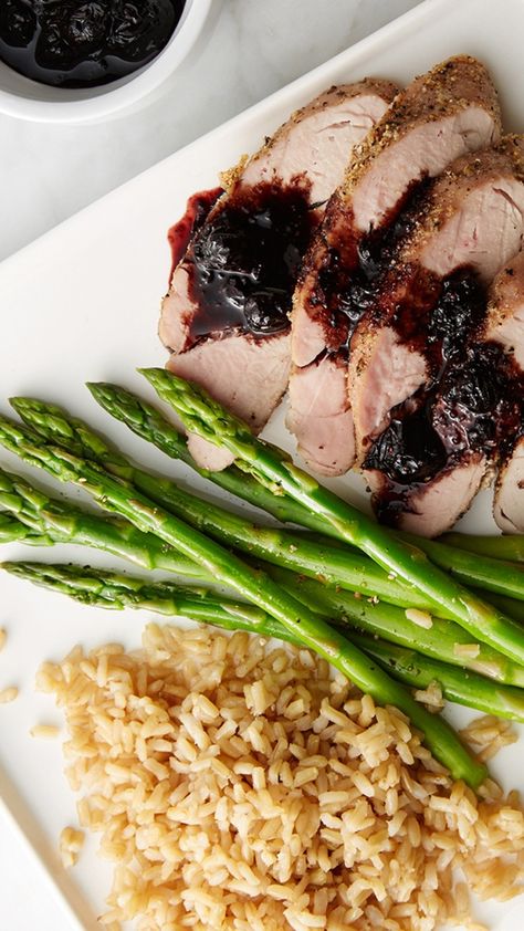 Blueberry Balsamic Pork Tenderloin Blueberry Pork Tenderloin, Demi Glaze Recipe, Balsamic Pork Tenderloin, Balsamic Glaze Recipe, Blueberry Balsamic, Balsamic Pork Tenderloins, Balsamic Glaze Recipes, Baked Pork Tenderloin, Pork Tenderloins