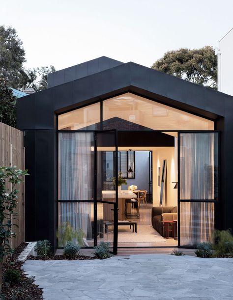 Victorian Worker's Cottage Renovation, Port Melbourne Architect: Pandolfini Architects Builder: Duobuilt Photographer: Rory Gardiner Extension Veranda, Internal Courtyard, Narrow House, Melbourne House, Shed Plans, Glass Doors, Outdoor Area, Black House, A House